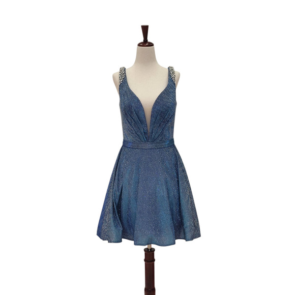 NWT Women's Short A Line Sparkle Gown with Deep V Neck and Jeweled Straps - Picture 1 of 7